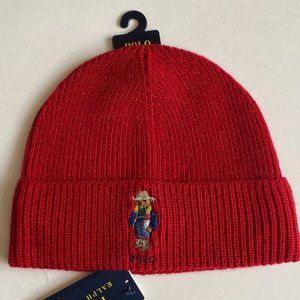 Polo Ralph Lauren Preppy Bear Logo Knit Cuffed Wool Blend Beanie Ski Hat Cap Red